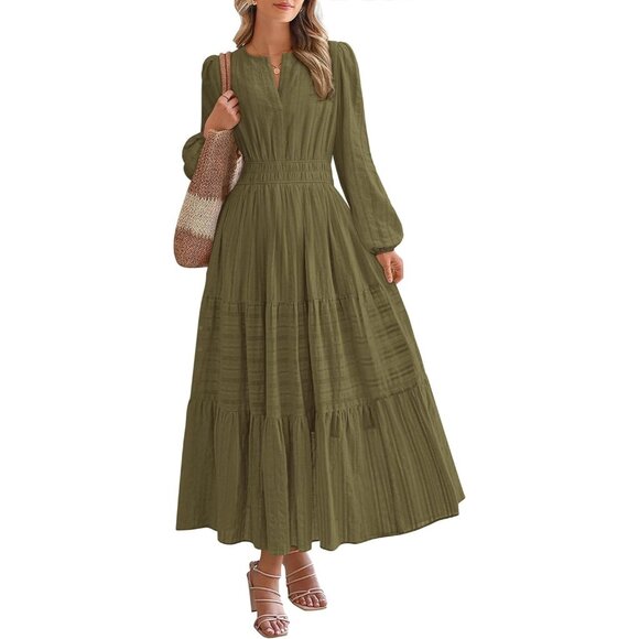 Dresses & Skirts - Women Army Green Long Sleeve V Neck Elastic Waist Lightweight Maxi Dress Pockets
